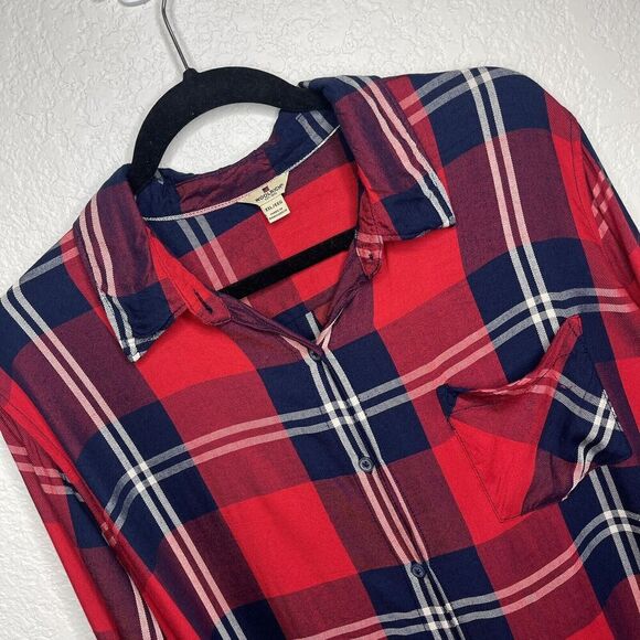 Woolrich Plaid‎ Button Down Shirt Women’s XXL Red Navy FALL Cabincore Gorpcore - Picture 2 of 10